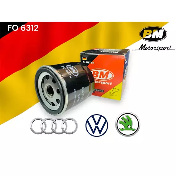 Фильтр масляный BM FO6312 Audi A1 A2 A3 A4 A5 Q2 Q3, SEAT Leon Ibiza, Skoda Fabia Octavia Roomster Rapid Yeti Kodiaq Superb, Volkswagen Polo Golf Jetta Caddy Passat Tiguan АНАЛОГ MANN W712/95